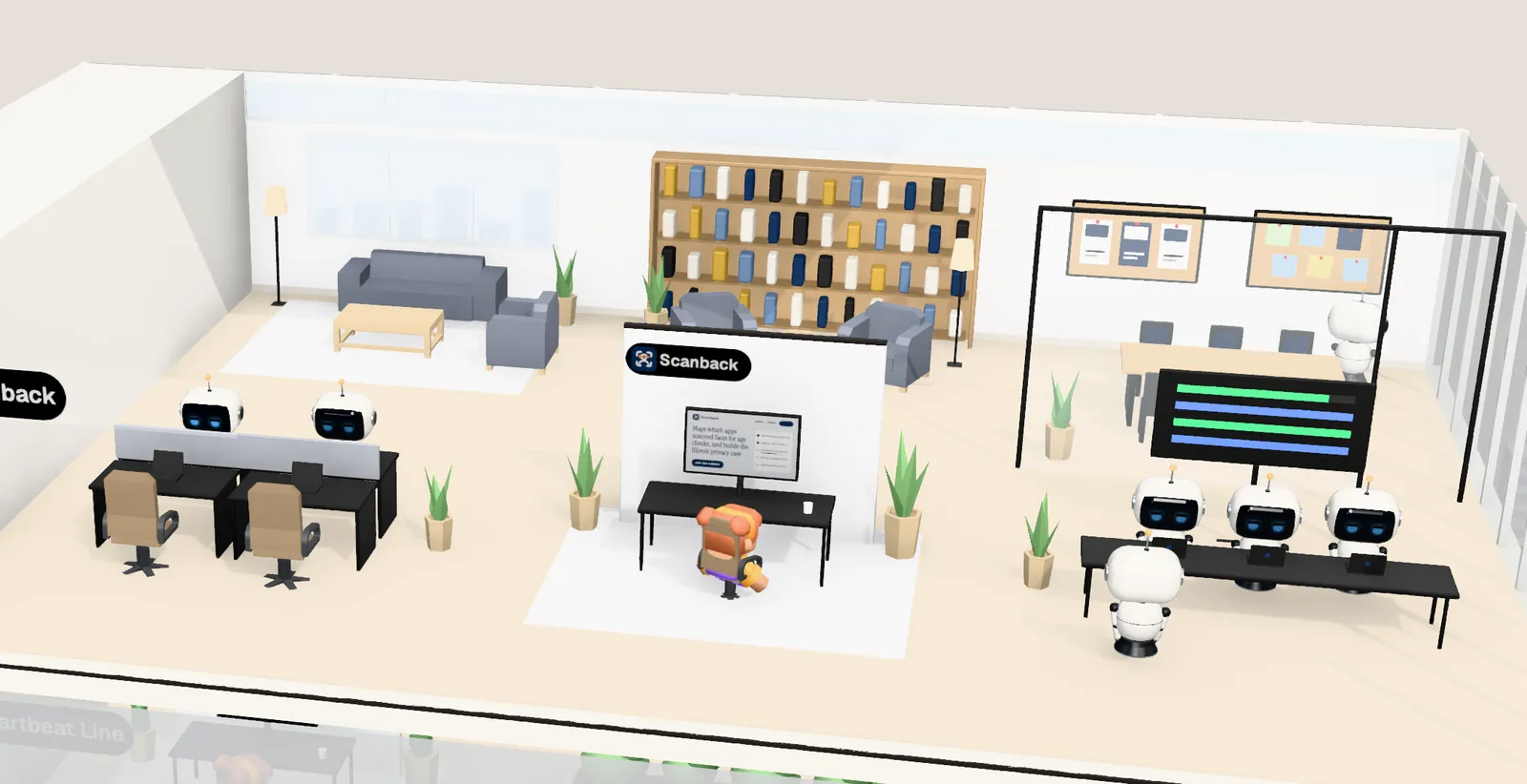 Scanback’s office on floor 2 of Tower 3: the owner’s desk with the website on screen, the agents’ bench, a meeting room and a library